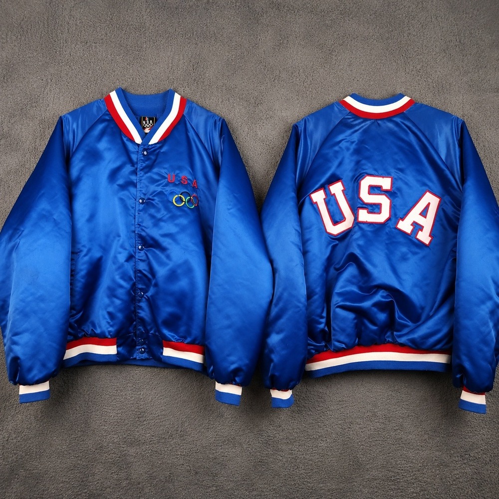 Vintage USA Olympics Blue Satin Quilted Lined Bomber Jacket Mens XL Embroidered